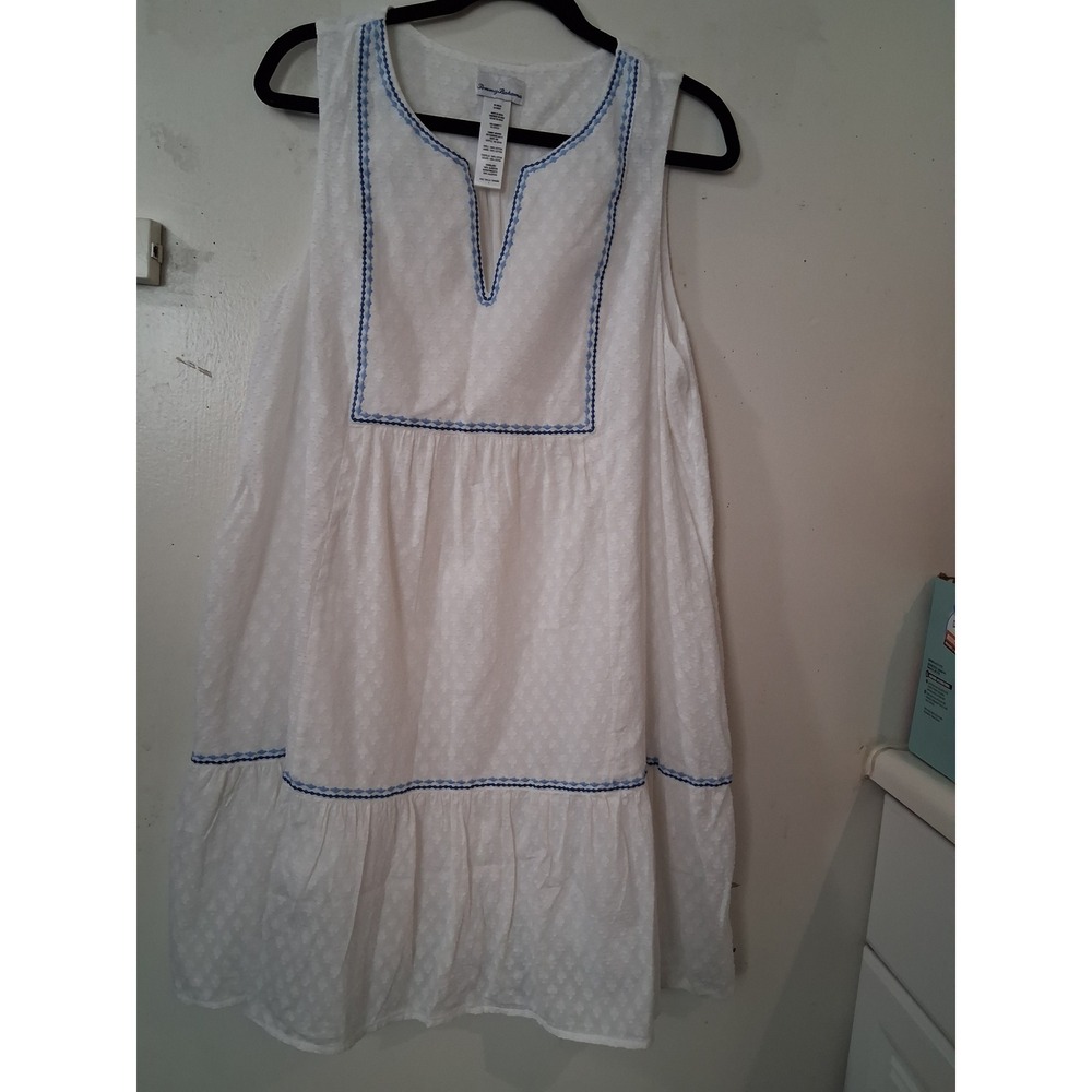 Tommy Bahama White Blue Embroidered Cotton Dobby Tiered Shift Dress Large